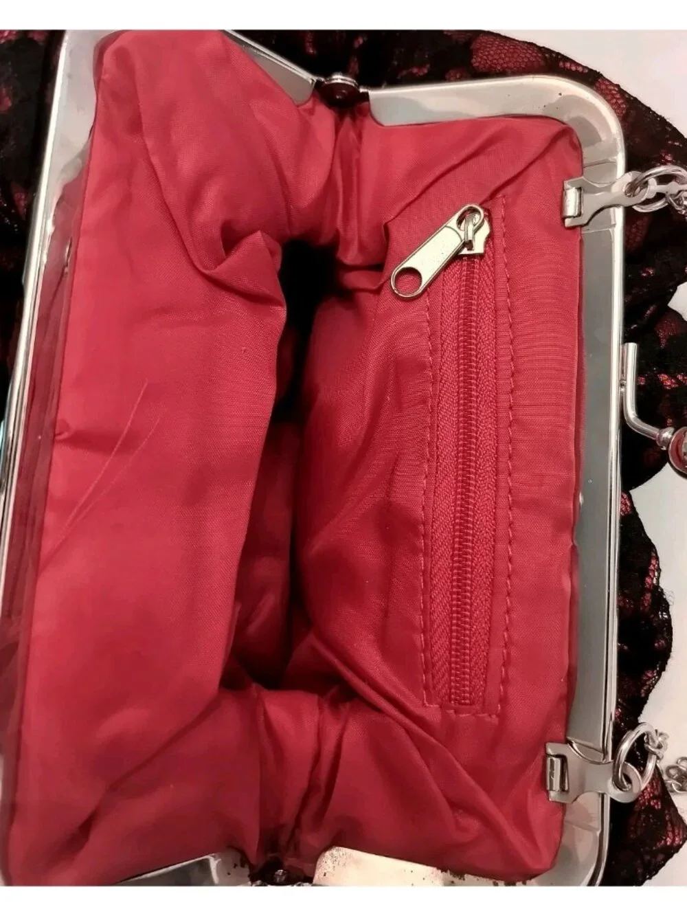Accessories Red And Black Satin Lace Evening Clutch Bag With Silver Chain